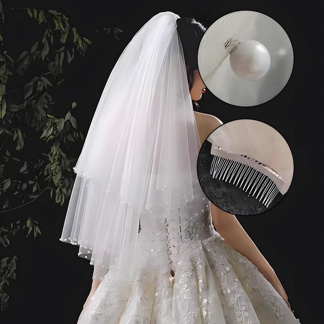 EllieHouse HD34 Voile De Mariée Avec Perles Et Peigne En Métal Pour Femme Longueur Cathédrale 1 étage, Ivoire