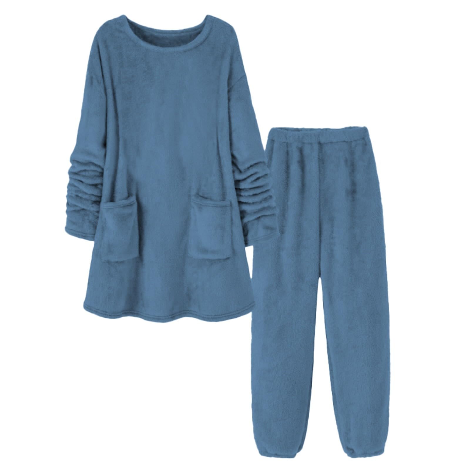 Traje de casa para mujer, suave, cálido, de dos piezas, para invierno, elegante, largo, cuello redondo, camiseta de dormir con bolsillos, juego de pantalones de pijama mullido, ropa de dormir, chándal