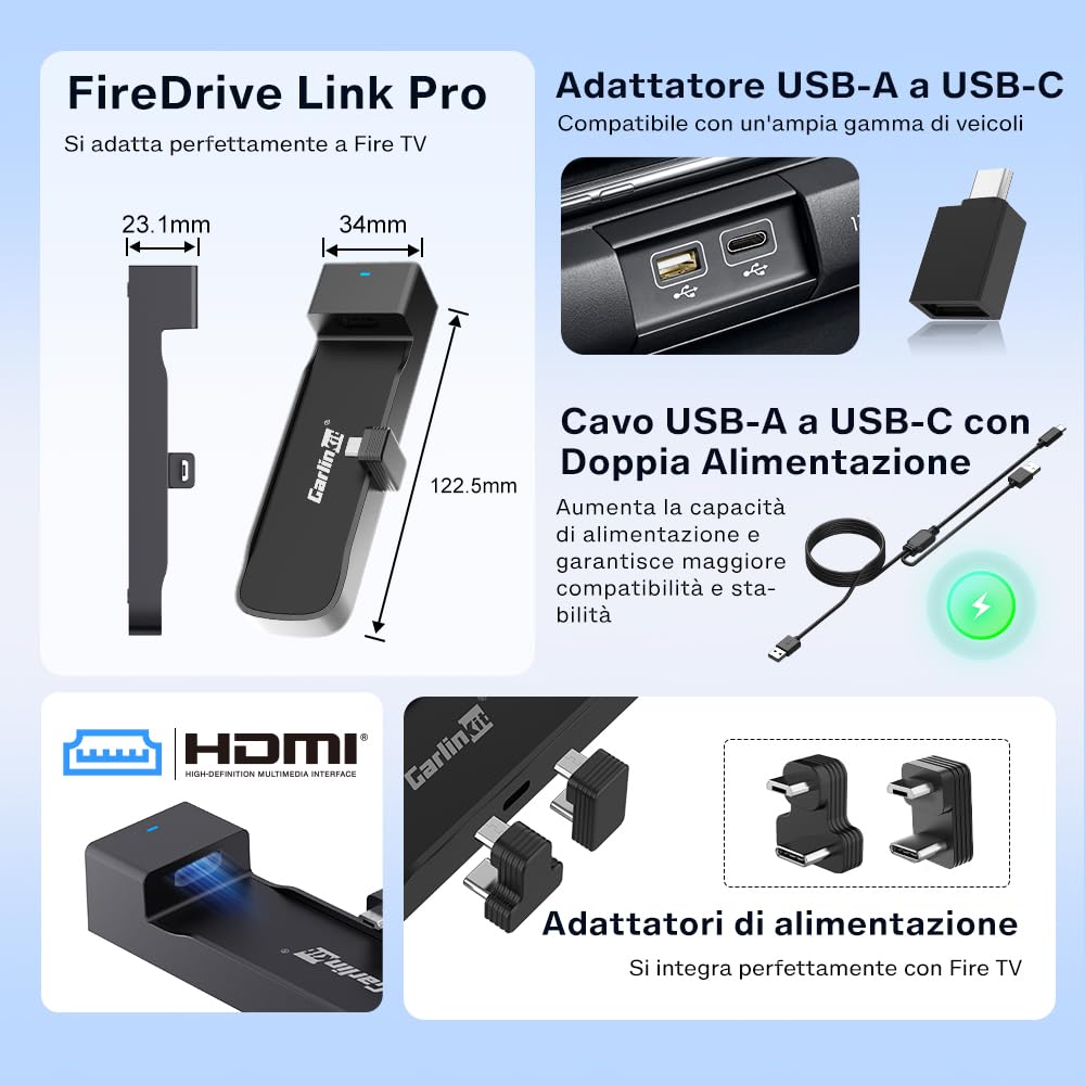 Carlinkit FireDrive Link Pro HDMI Car TV Converter per Fire TV Stick Streaming, adattatore wireless Apple CarPlay & Android Auto, compatibile con veicoli CarPlay cablati, dongle 3 in 1, plug & play