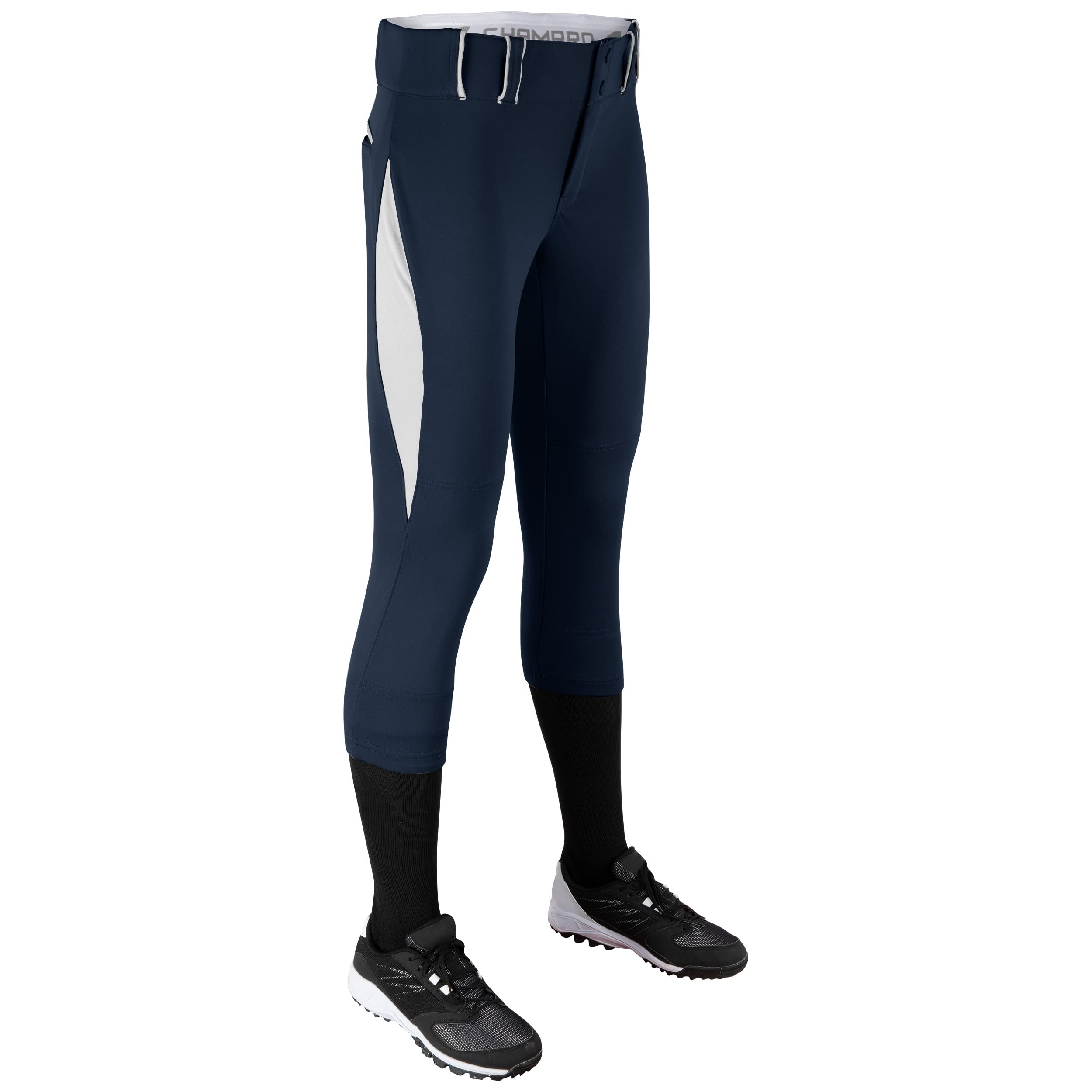 CHAMPRO Surge Traditional Low-Rise Fastpitch Softball Pant with Contrast-Color Braid Piping, Navy,White, Large