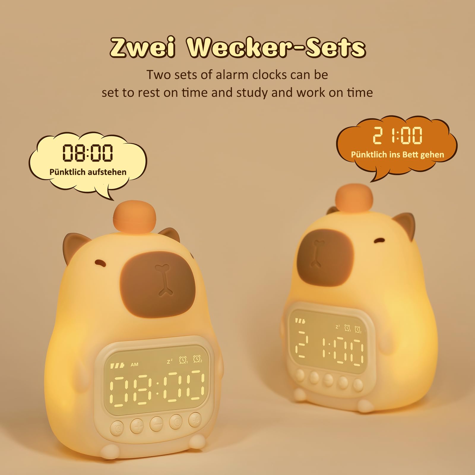 Yiliaw Capybara Wecker mit Nachtlicht für Kinder, 7 RGB-Farben Süße Wecker für Schlafzimmer, Ok to Wake Silikon Tier Tischlampe für Teenager-Mädchen und Jungen