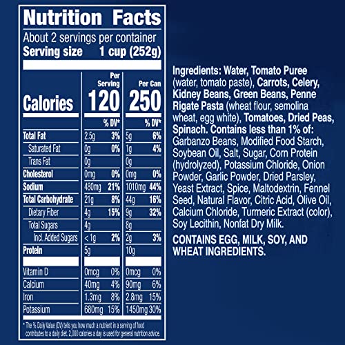 Image of Progresso Reduced Sodium Hearty Minestrone Canned Soup, Gluten-Free, 19 oz | 30% Less Sodium Reduced From 690mg to 480mg per Serving, Spinach, Tender Beans & Penne Rigate Pasta, Good Source of Fiber
