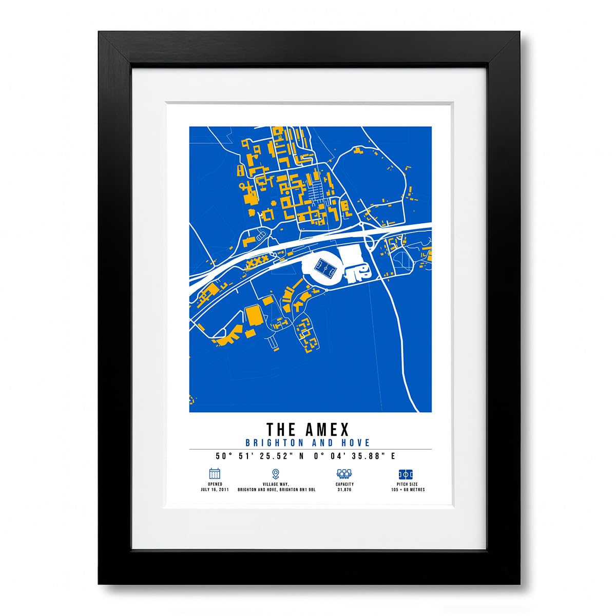 Mounted Gifts Trading A4 Black Framed & Mounted The Amex Falmer Stadium Map Minimalist A4/A3 Poster Photo Print Framed Gift Brighton & Hove Albion (A4 Black Framed & Mounted)
