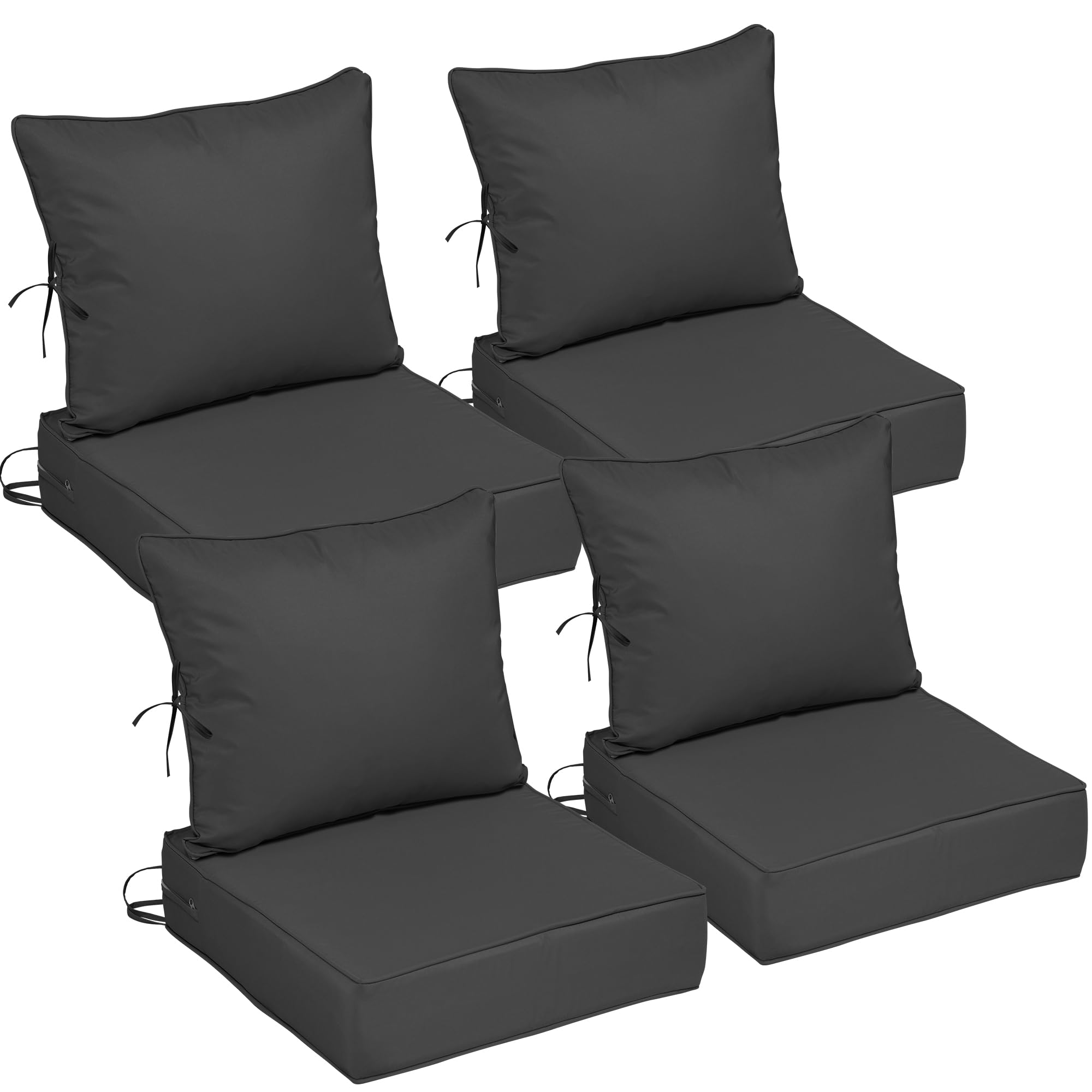 22x22 Outdoor Chair Cushions Set of 4, Waterproof Deep Seat Cushions for Patio Furniture with Removable Cover, Fade Resistant 4'' Outdoor Seat Cushion w/Ties&amp;Handle for Sofa Loveseat,Black