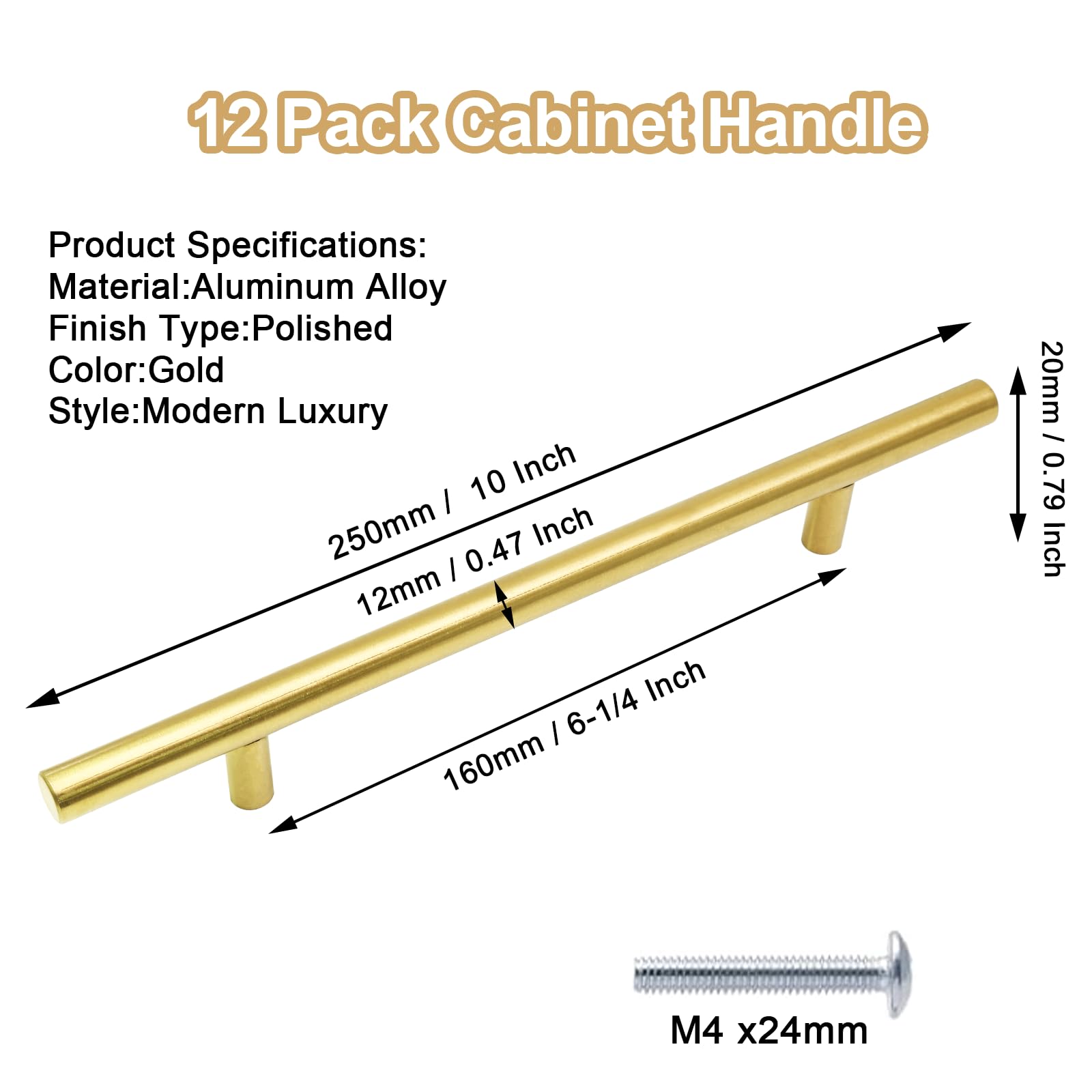 Cjueiom 12-Pack Gold T Bar Cupboard Handles - 160mm Hole Center, Stainless Steel, 250mm Length - for Kitchen Bedroom, Wardrobe & Drawer - Image 2
