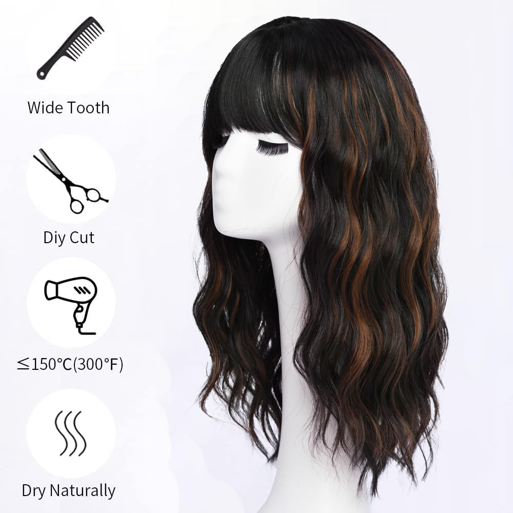 SIMKAYLEE Medium Length Wavy Dark Brown Wig Highlights with Bangs for Women Mid Length Brown Highlighted Wigs with Fringe Long Wave Brown Synthetic Fiber Wig for Daily Party Use (16 inch) - Image 3