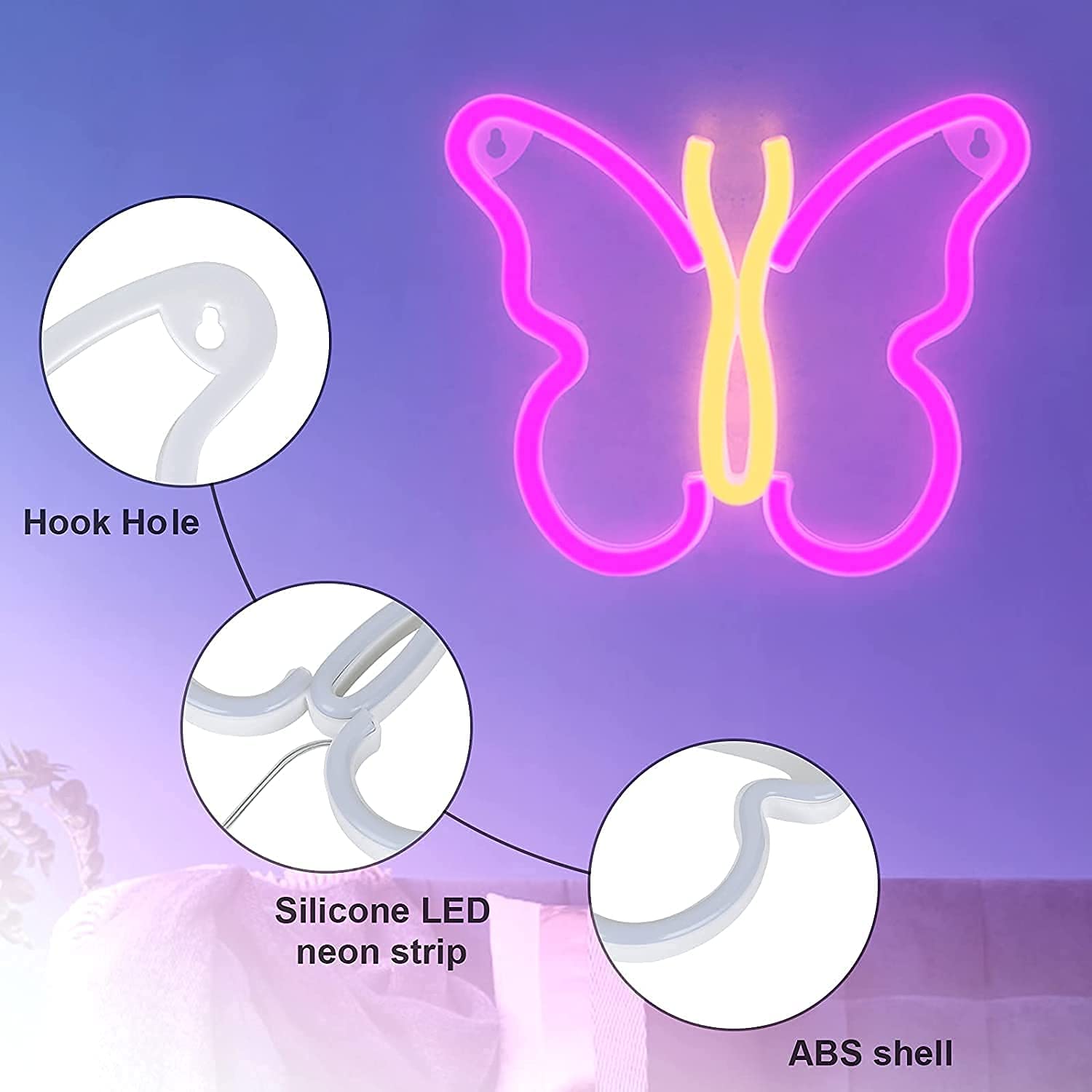 Luz nocturna para niños, enchufe de mariposa de fibra óptica LED que cambia de color, lámpara de decoración de luz nocturna, juguete de regalo (rosa + amarillo)