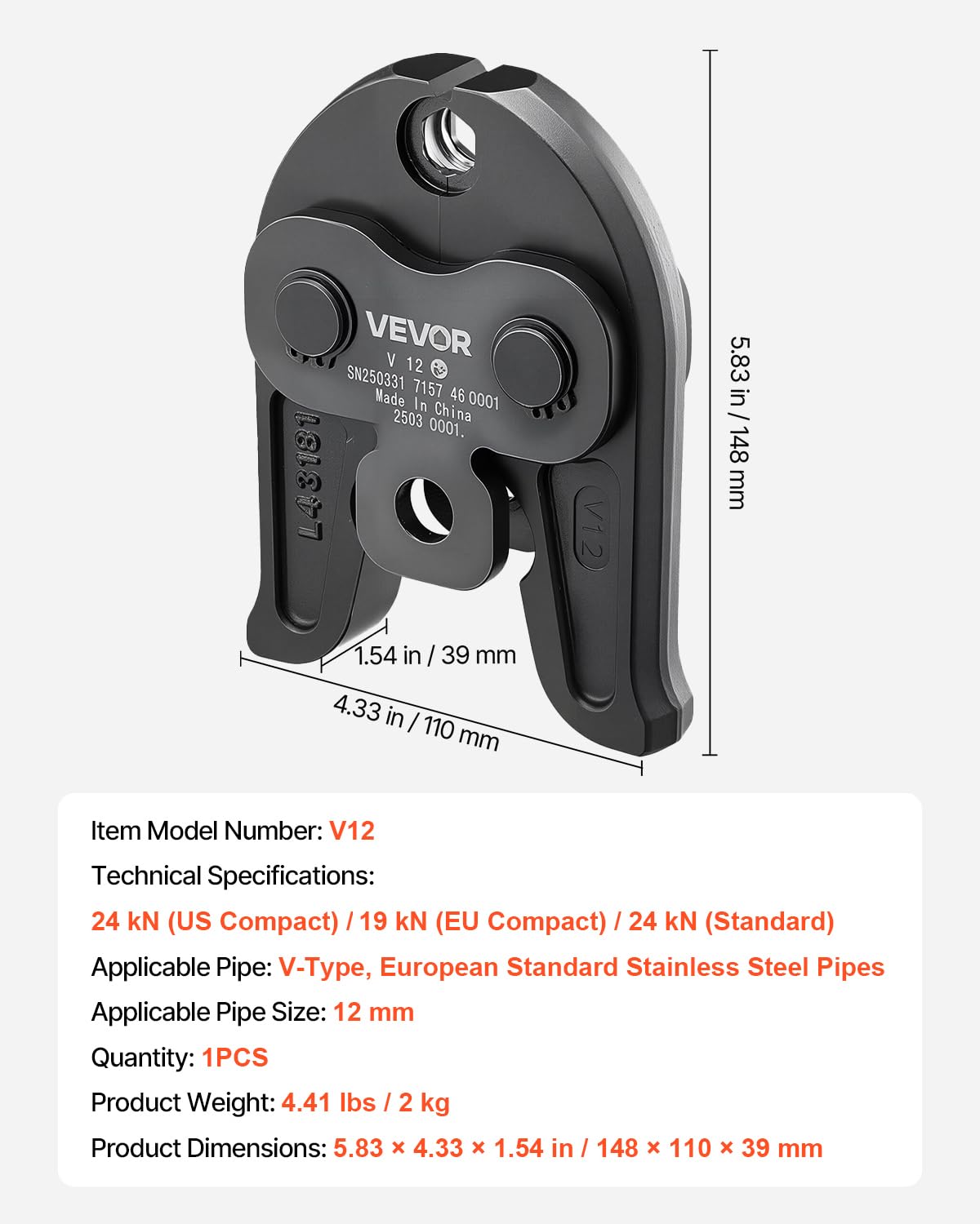 VEVOR Mâchoire de Sertissage 12 mm Mâchoire à Sertir pour Tuyaux en Acier Inoxydable Type V, Mâchoires en Acier Cémenté de Haute Résistance, Compatibles avec Outils de Sertissage Électriques Standard