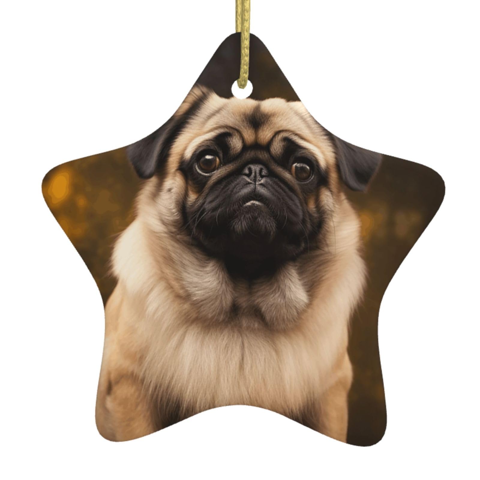 Ceramic Christmas Tree Hanging Ornaments with Gold Ropes Christmas Tree Decorations Star Ceramic Pug Dog Pendant Keepsake Decorations for Holiday Xmas Gift Ideas