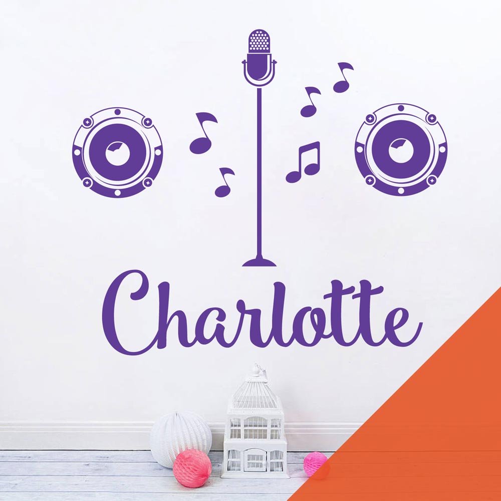 Personalised Name Girls Wall Art Sticker - Popstar, X Factor, Singer, Karaoke, Microphone, Music [Large] [Orange]