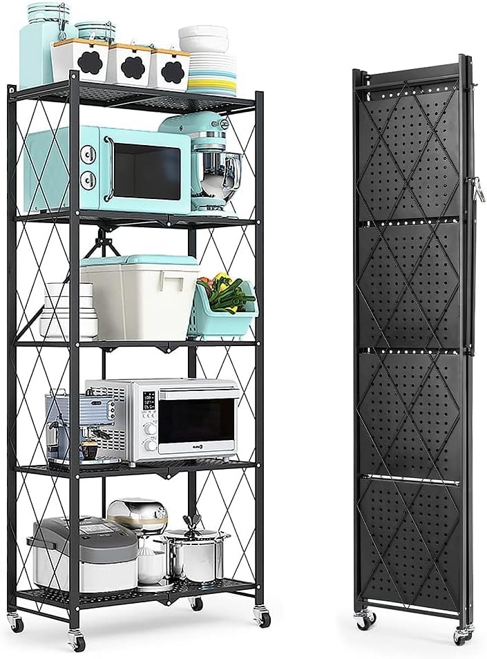 HomeMiYN Chariot de Rangement à 5 Niveaux Étagère, Pliante avec roulettes, 71x34x159 cm Étagère...