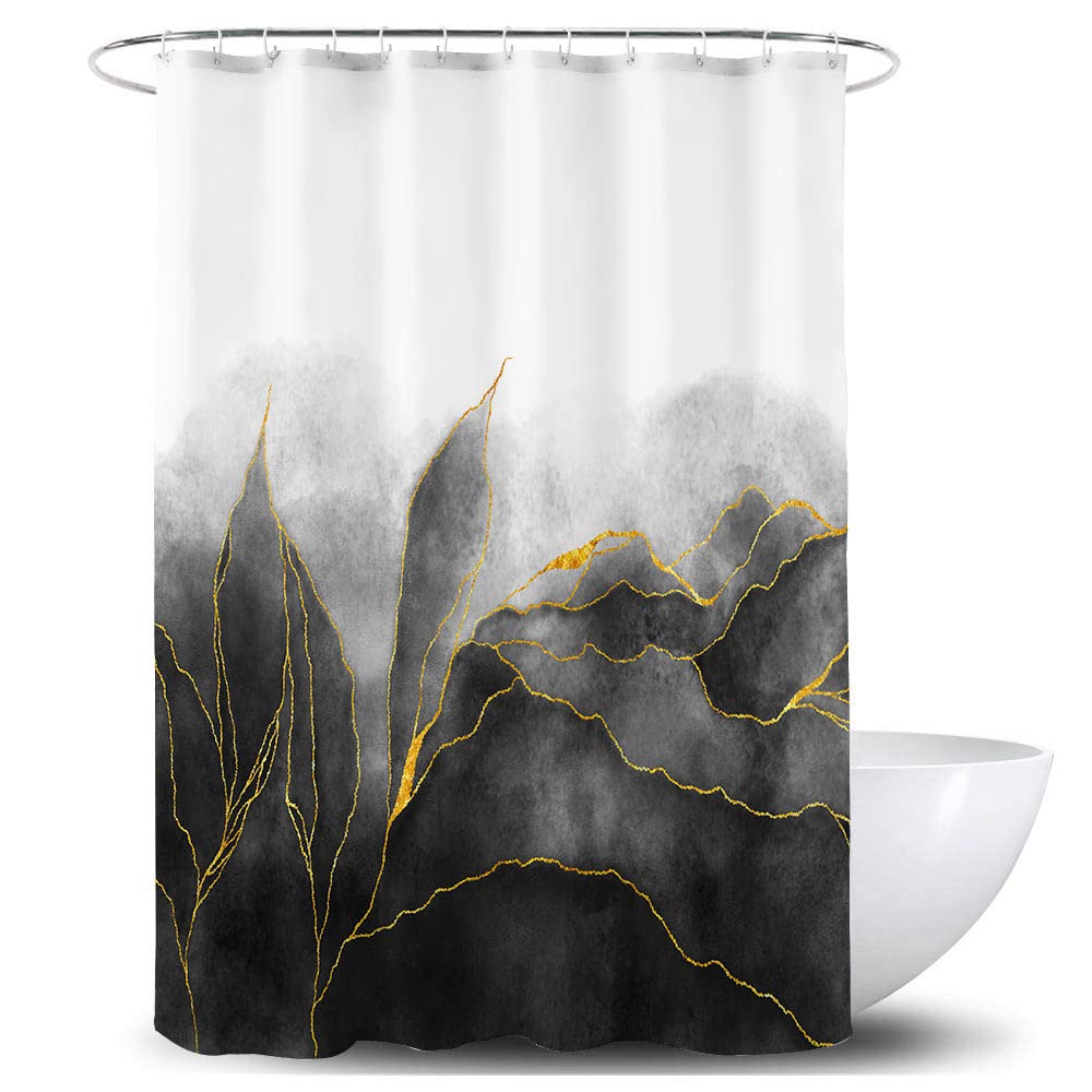 De-Mediocre Black and Gold Shower Curtain Stylish Ombre Black Marble Bath Art Decor Curtains Abstract White Golden Leaves Fabric Curtains for Bathroom