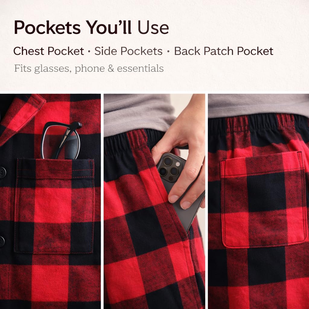 Conjunto de Pijama Tejido de Franela para Hombre 100% Algodón Juego de Ropa de Dormir a Cuadros Manga Larga con Bolsillos