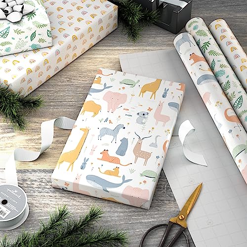 Hallmark 5EWR2237 Baby Shower Wrapping Paper Rolls - Animals, Grey Gingham, Rainbows Gift Wrap Paper  thumb #1