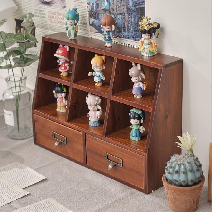 Xiaooooyez Wooden Desktop Organizer, 6 Compartments and 2 Drawers, 15.7 x 4.5 x 11 inches, Mahogany Wood Storage Cabinet