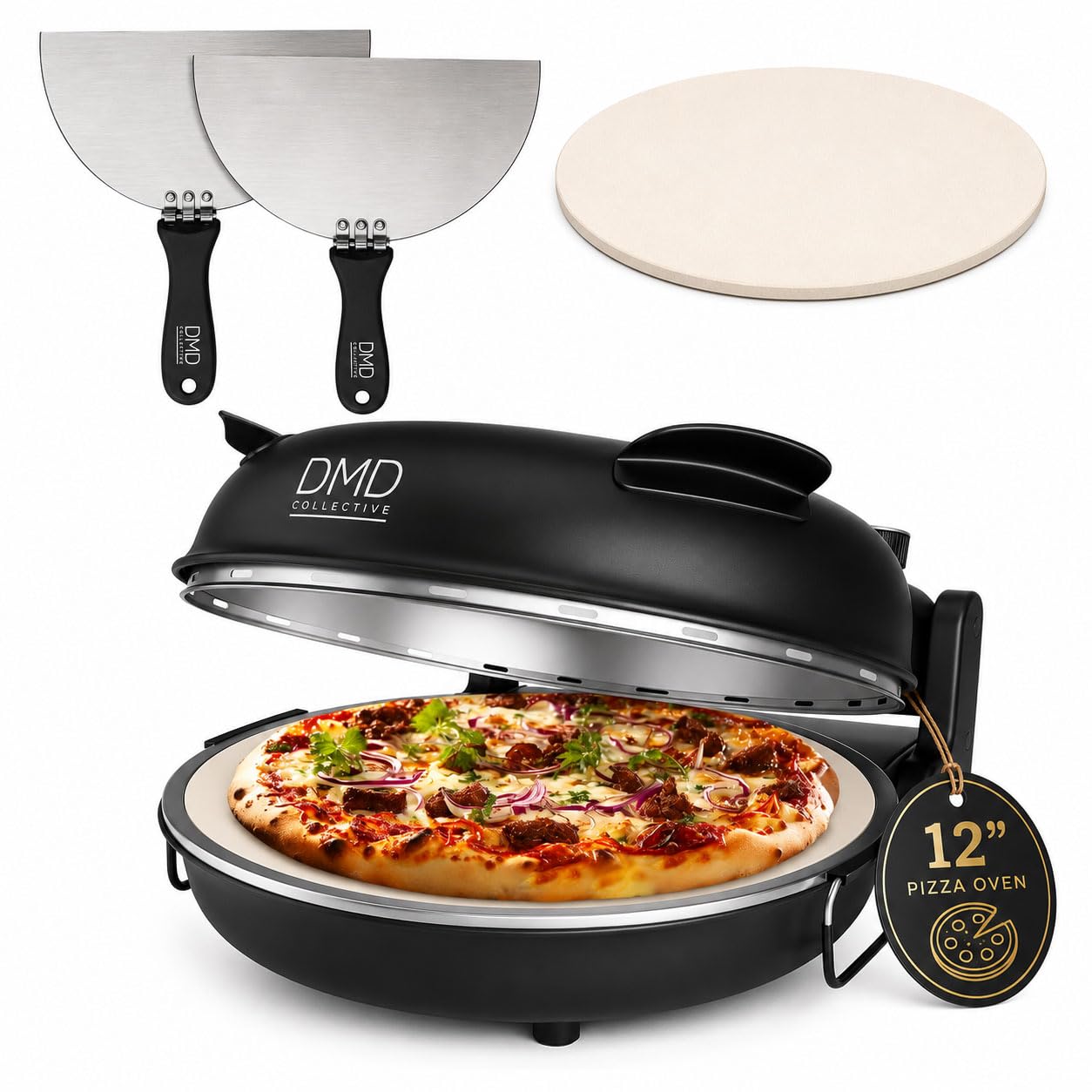 DMD Collective - 12'' Electric Pizza Oven, Stone Base, Glass Window, Black
