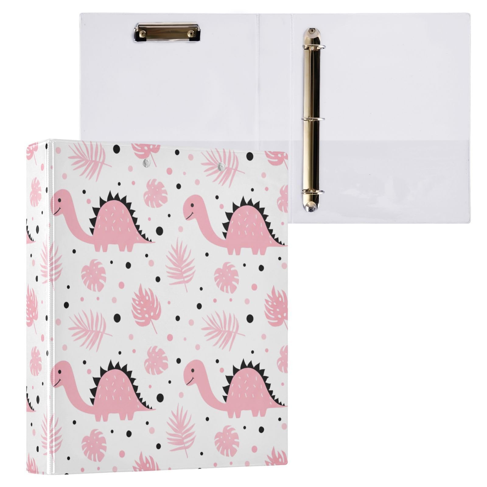 Confezione da 2 raccoglitori ad anelli con 3 anelli, motivo dinosauri rosa, con tasche, grandi, per scuola, università, ufficio