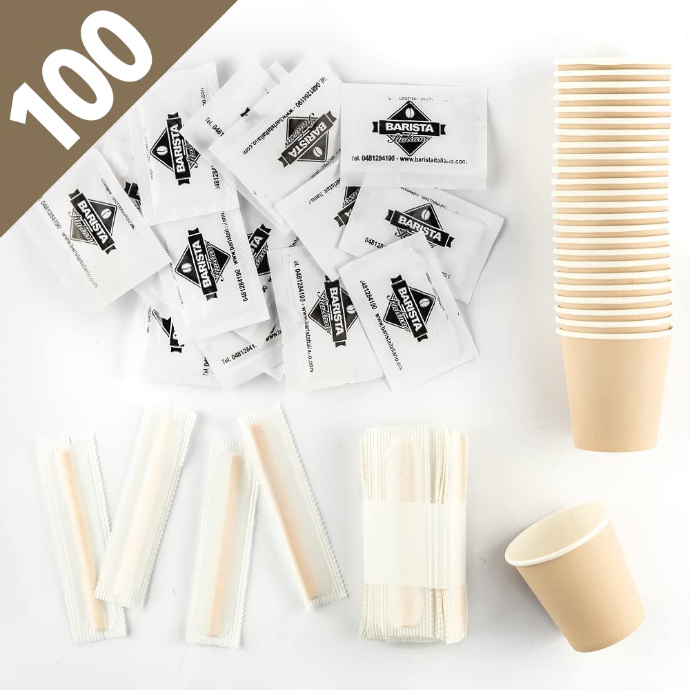 Kit Caffè | 100 Bustine Zucchero, 100 Bicchierini Carta, 100 Palette Legno