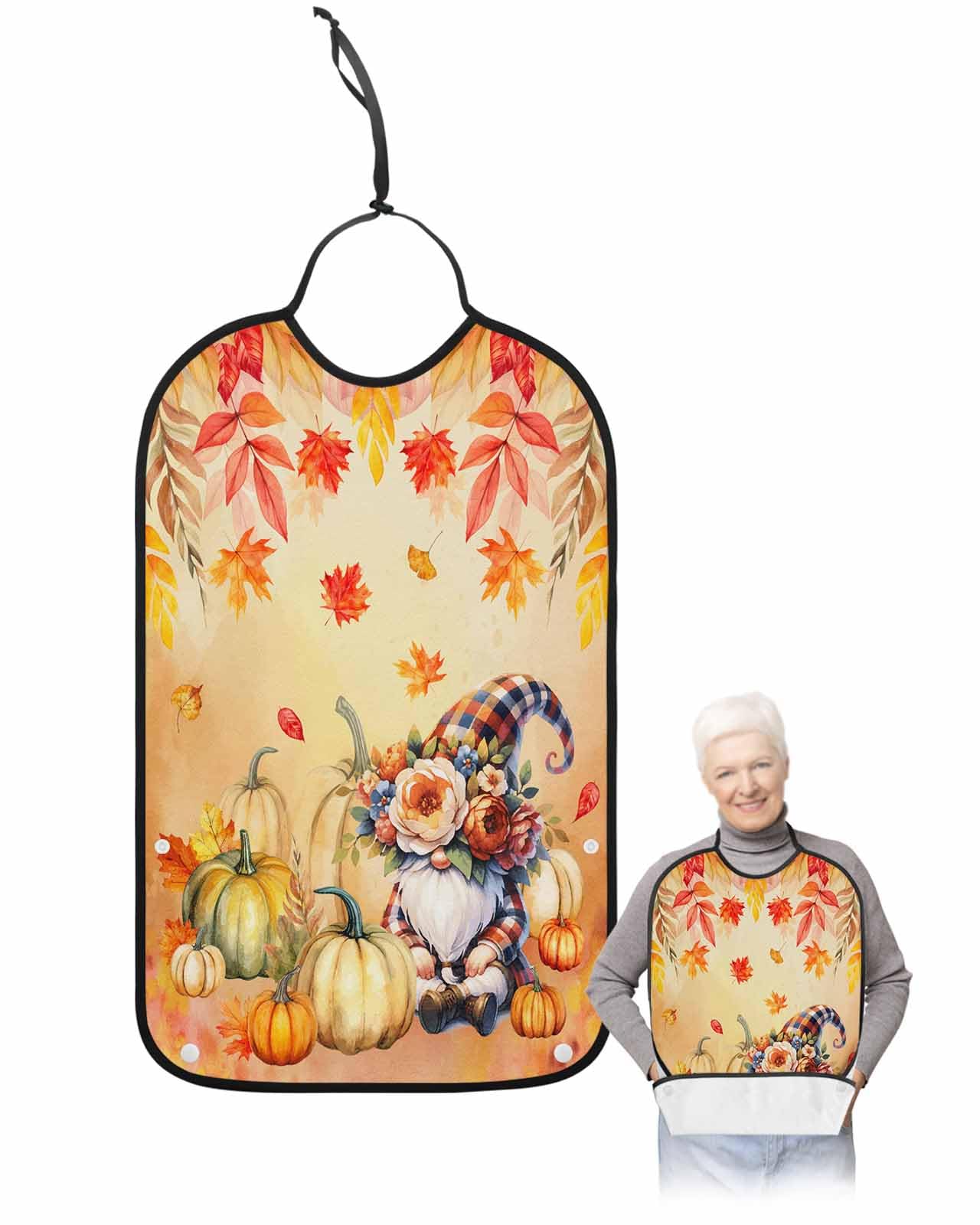 LEOKOTI Orange Red Gnomes Thanksgiving Adult Bibs for Eating, Waterproof Bibs with Food Catcher & Adjustable Snap Closure, Pumpkins Leaf Fall Washable Clothing Protectors Adult Bibs for Elderly