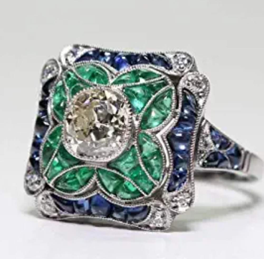 Wenbin 925 Sterling Silver Elegant Emerald Zircon Blue Topaz Ring Blue Sapphire White Topaz Ring Women Wedding Fashion Jewelry Size 6-10