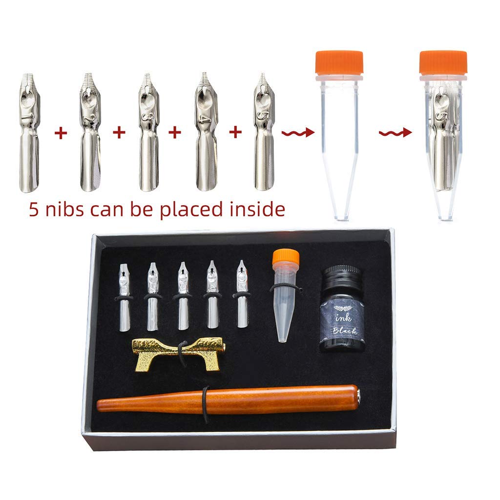 Calligraphy Fountain Dip Pen + 5 Nibs Ink Kit Gift Box for Lettering Sketching