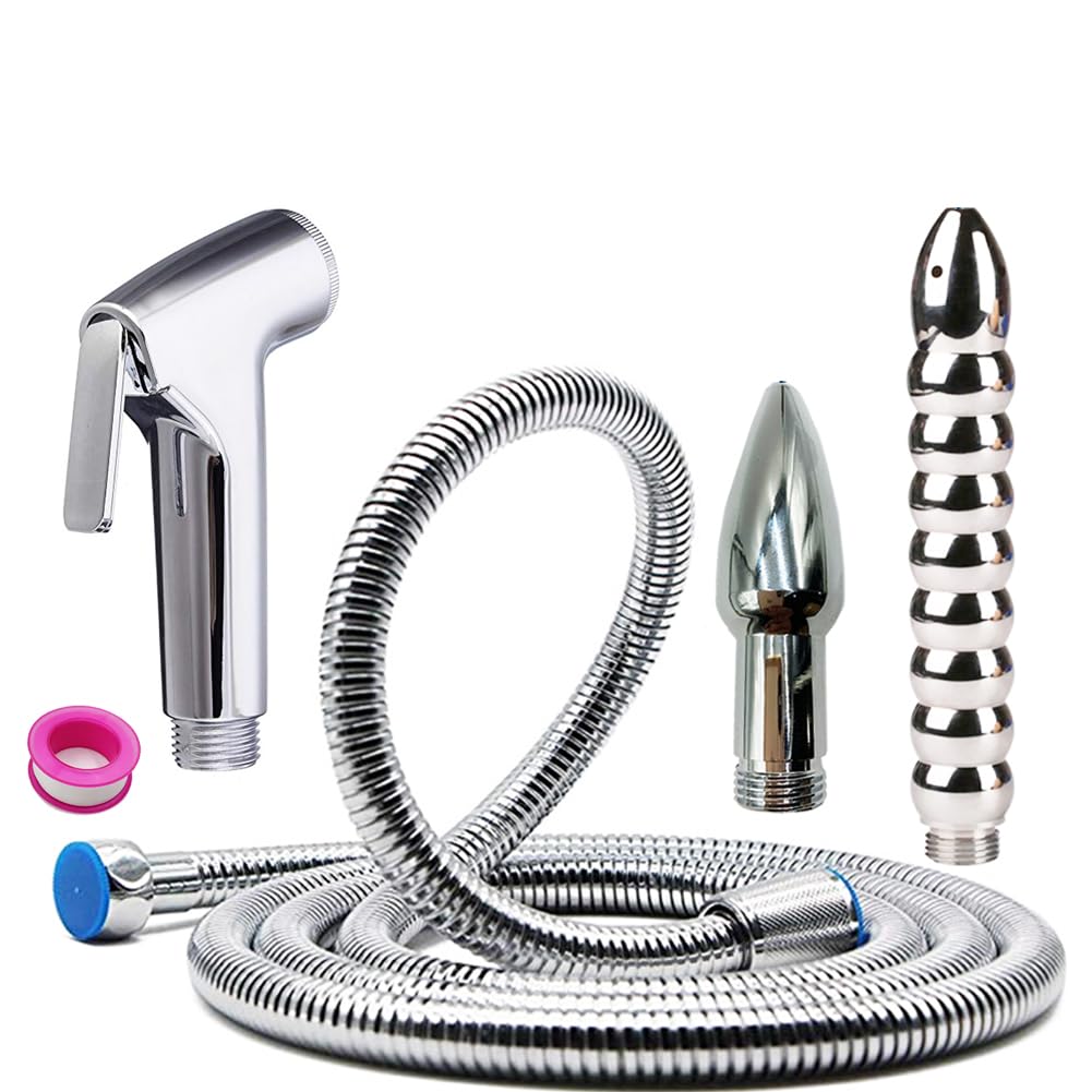 GNEGKLEAN Shower Enema Douche Kit, Stainless Steel Anal Cleaner with Handheld Spray, Flexible Hose & Nozzles, Hygienic Personal Cleansing System for
