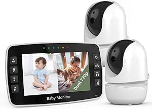 720P HD Split Screen Baby Monitor,2Cameras,4.3" Video Monitor Remote PTZ, 22 Hours of Standby time,Two-Way Talk, 1000ft Long Range, No WiFi, Auto Night Vision,4X Zoom, Temperature Sensor, Lullaby asin的图片