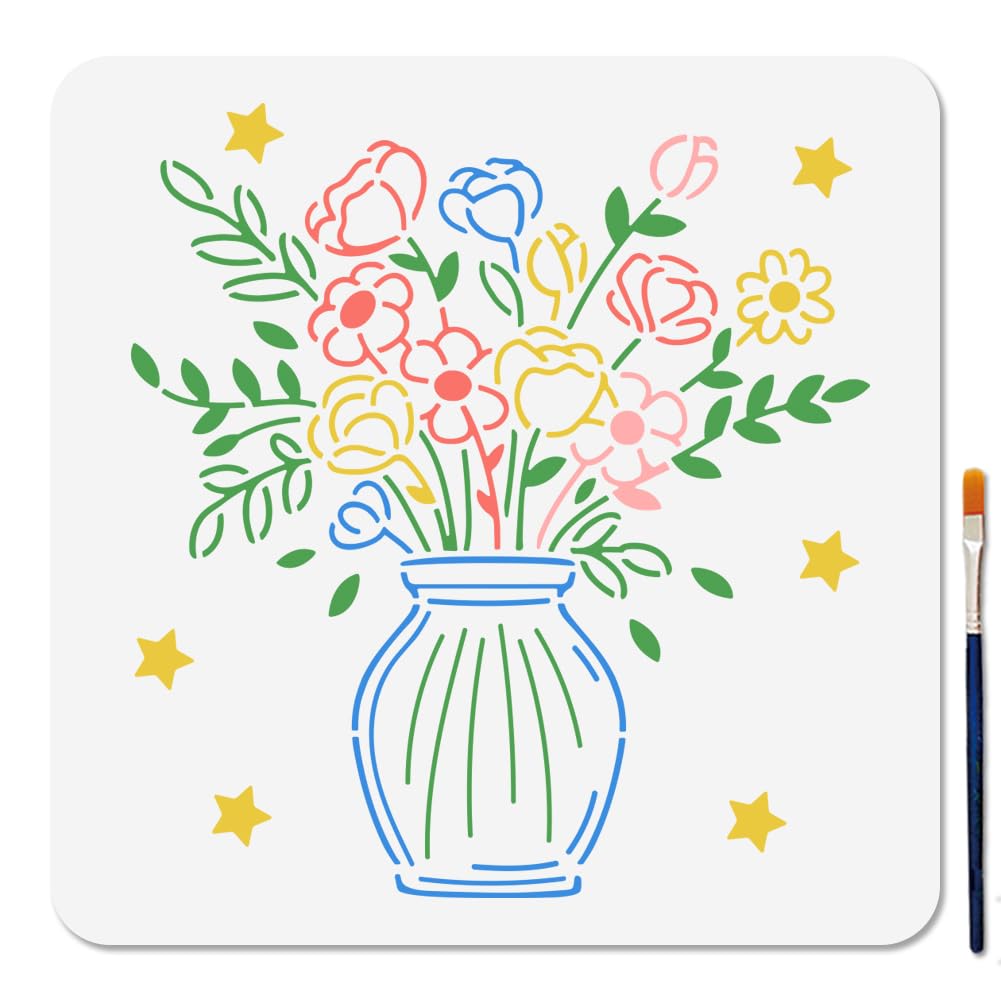 MAYJOYDIY Flower Vase Stencil Wildflowers Painting Stencils 11.8x11.8inch Reusable Floral Bouquet Star Drawing Templates with Paint Brush for Craft on
