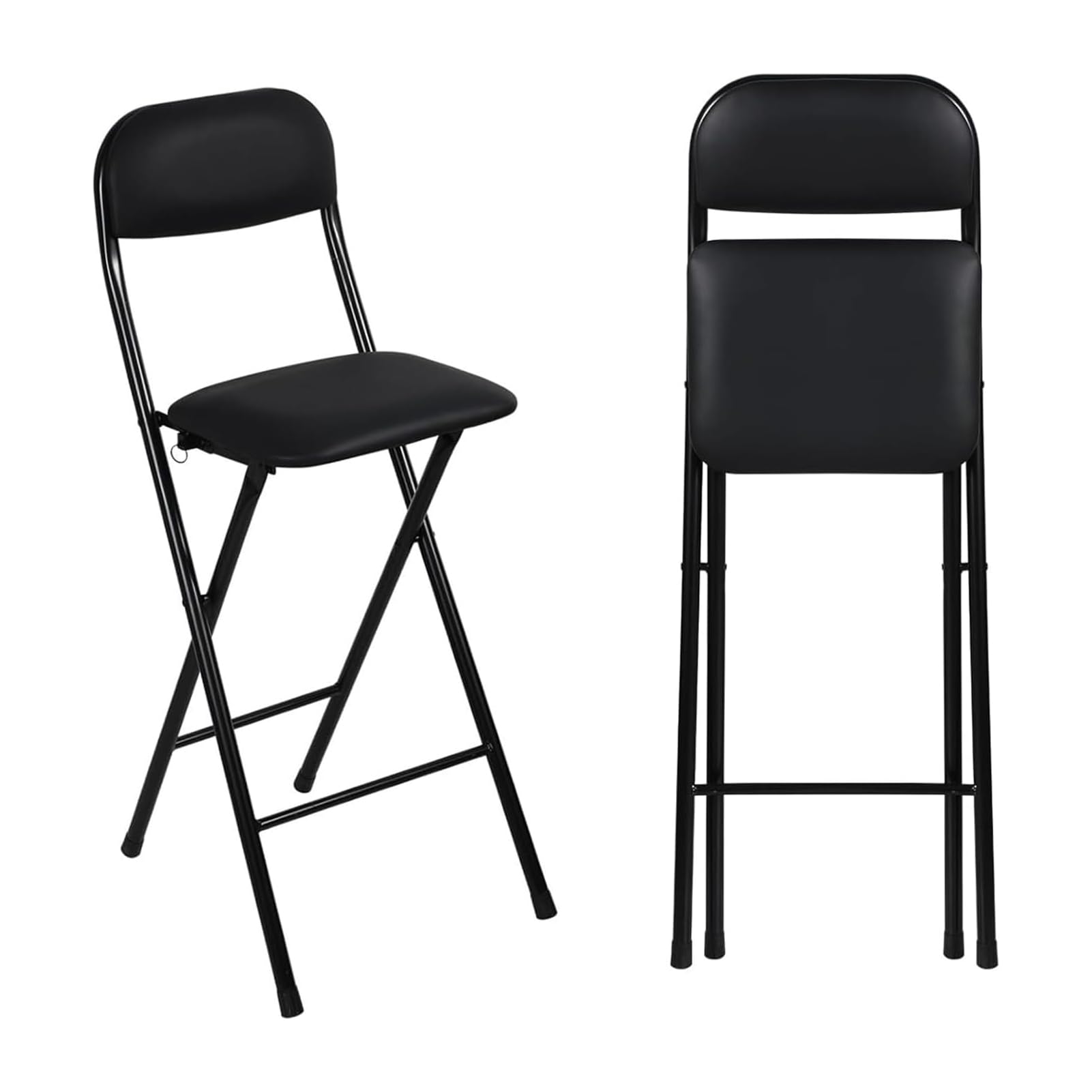 Taburete Plegable con Asiento Acolchado de 65 cm, Taburete Plegable de Bar 70cm, Taburete Plegable Portátil de Cocina con Reposapiés para cafetería, bistró, Oficina, Casa (65cm/26in,Negro)