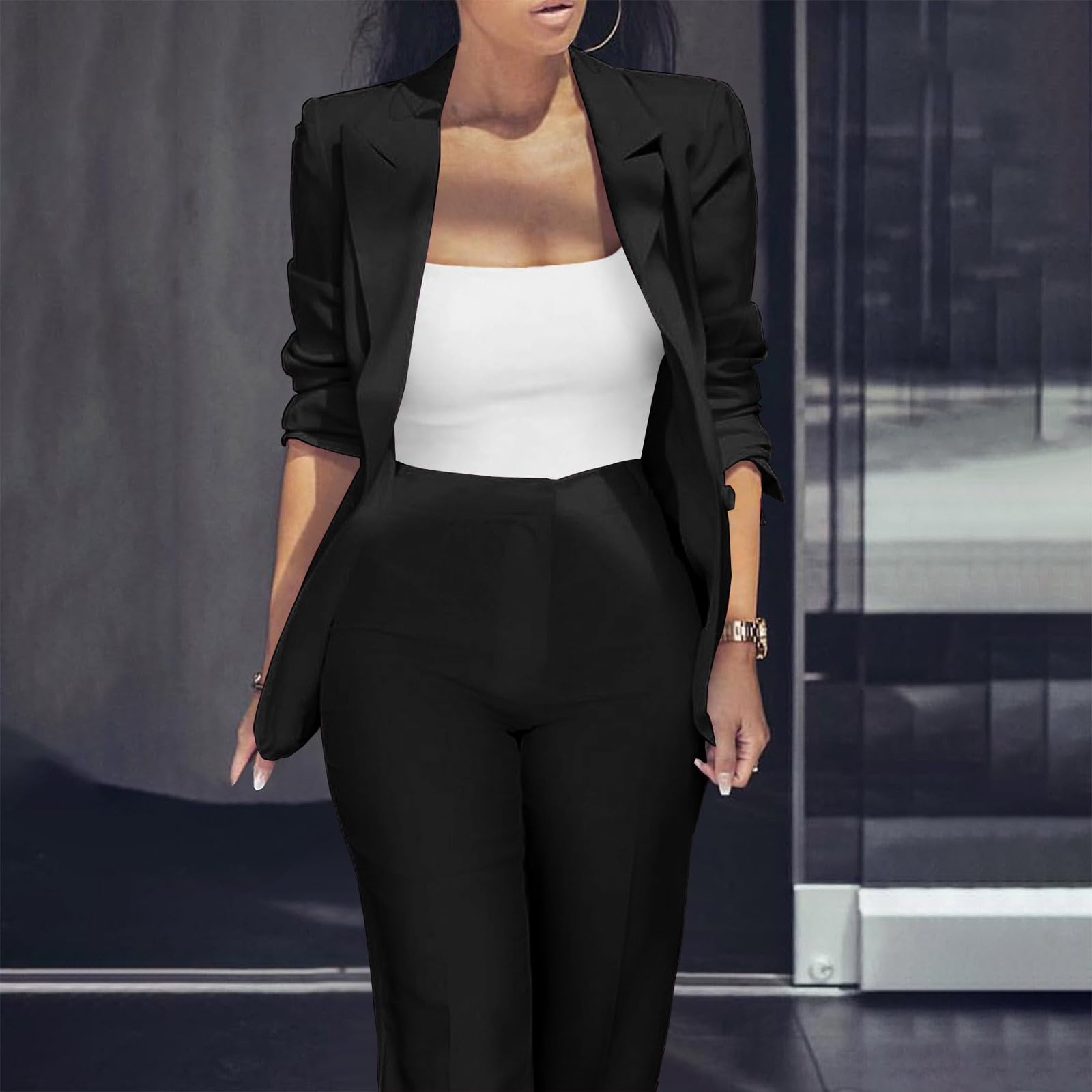 Completo Donna Elegante 2 Pezzi Gilet Giacca Lunga Maniche e Pantaloni in Vita Alta Tailleur Ragazze Eleganti Estate in Tinta Unita Vita Alta Curvy Pantalone Due Pezzi Suit Cerimonia Set per Donne