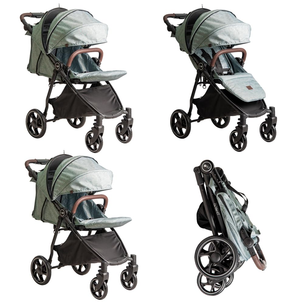 Niu – Silla de Paseo Cochecito de bebé VentT+ Capota XXL – Respaldo y Reposapiés ajustasble – Amortiguación 4 ruedas y chasis de aluminio – plegado compacto – Mosquitera y plástico de lluvia (Verde)