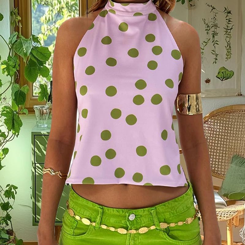 Women Floral Print Halter Tank Top Sleeveless Backless Crop Top Polka Dot Vest Flowy Summer Going Out Streetwear - Image 4
