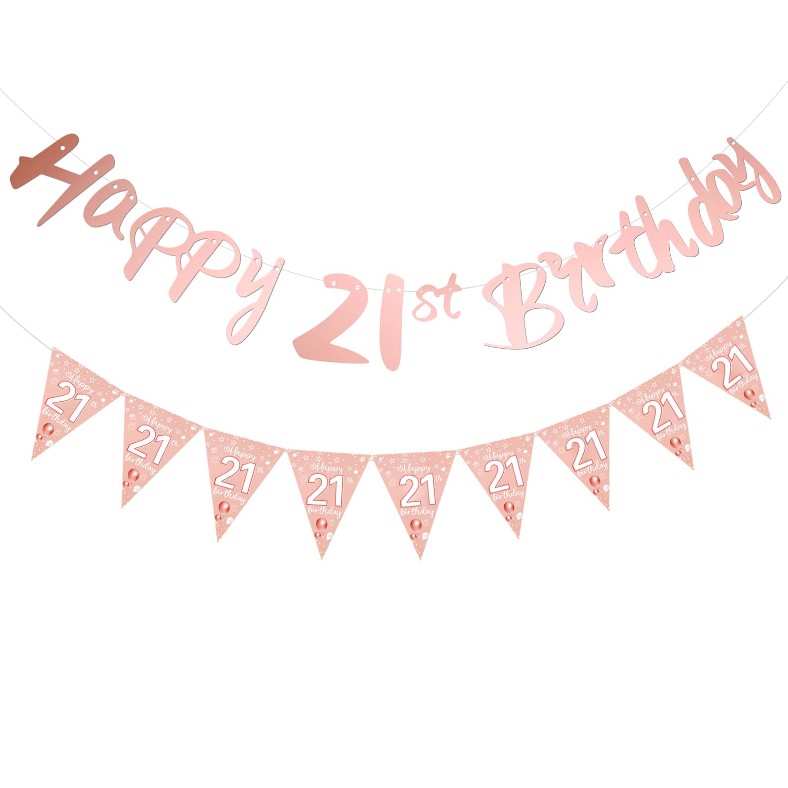 21st Birthday Decoration Banners, Rose Gold Happy 21st Birthday Party Decorations for Girls Boys, Triangle Flag Bunting Backdrop Parties Decs for Men Women Birthdays Party Milestone Celebrations