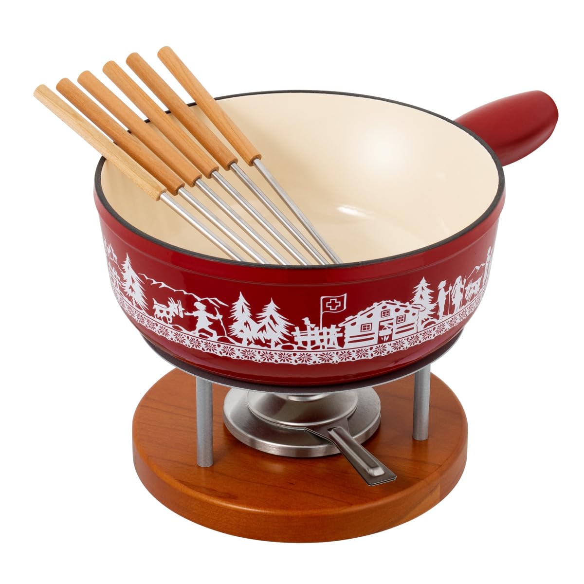 KUHN RIKON 32276 Cheese Fondue Set Induction Cast Iron Red Alpine Willow 24 cm
