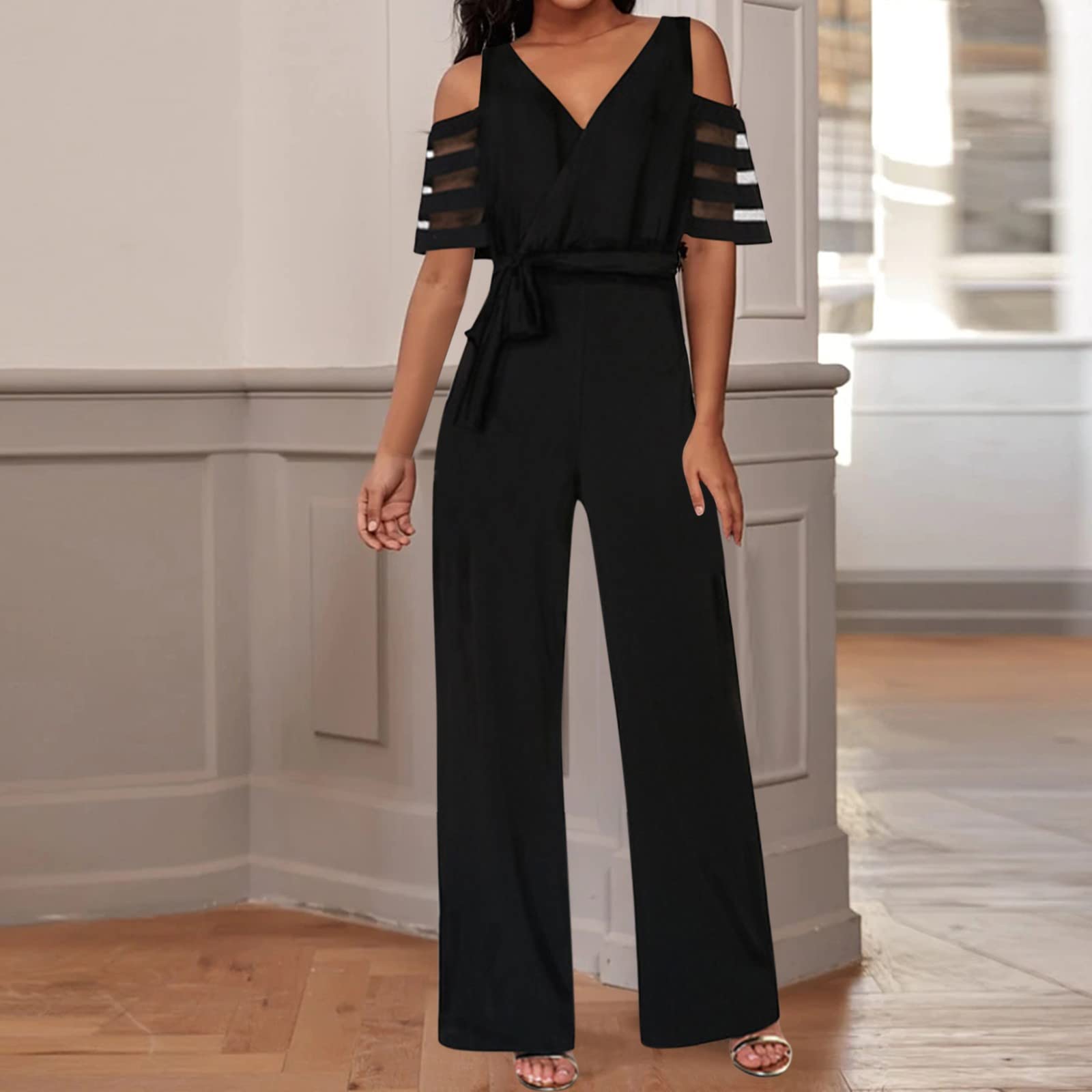 MJGkhiy Tuta Jumpsuit Donna Sexy Pizzo Tinta Unita Playsuit Cocktail Overall Monopezzi Tutine Gambe Grandi Overall Jumpsuit Salopette Romper Baggy Tuta Eleganti Cotone Lino Pagliaccetti