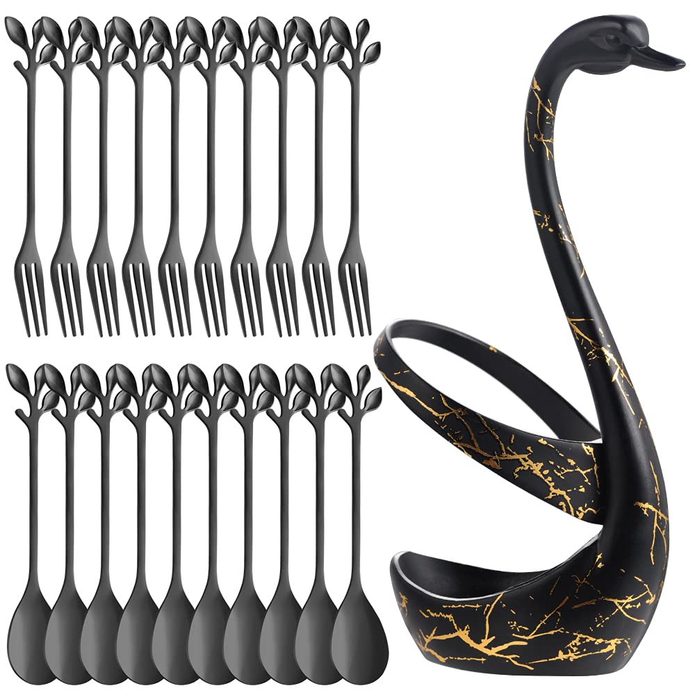 AnSawBlack Swan Base Holder With 20 Pcs 4.7"Small Leaf Handle Coffee Spoons & Dessert Forks Set(Black,10+10)