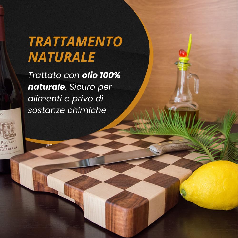 Arte del Legno, Tagliere da Cucina in Legno Professionale dim. 40x40xh4.5- con Venatura a Scacchi, Tagliere Massello di Acero e Mogano con Olio Naturale - Stabile e Antiscivolo