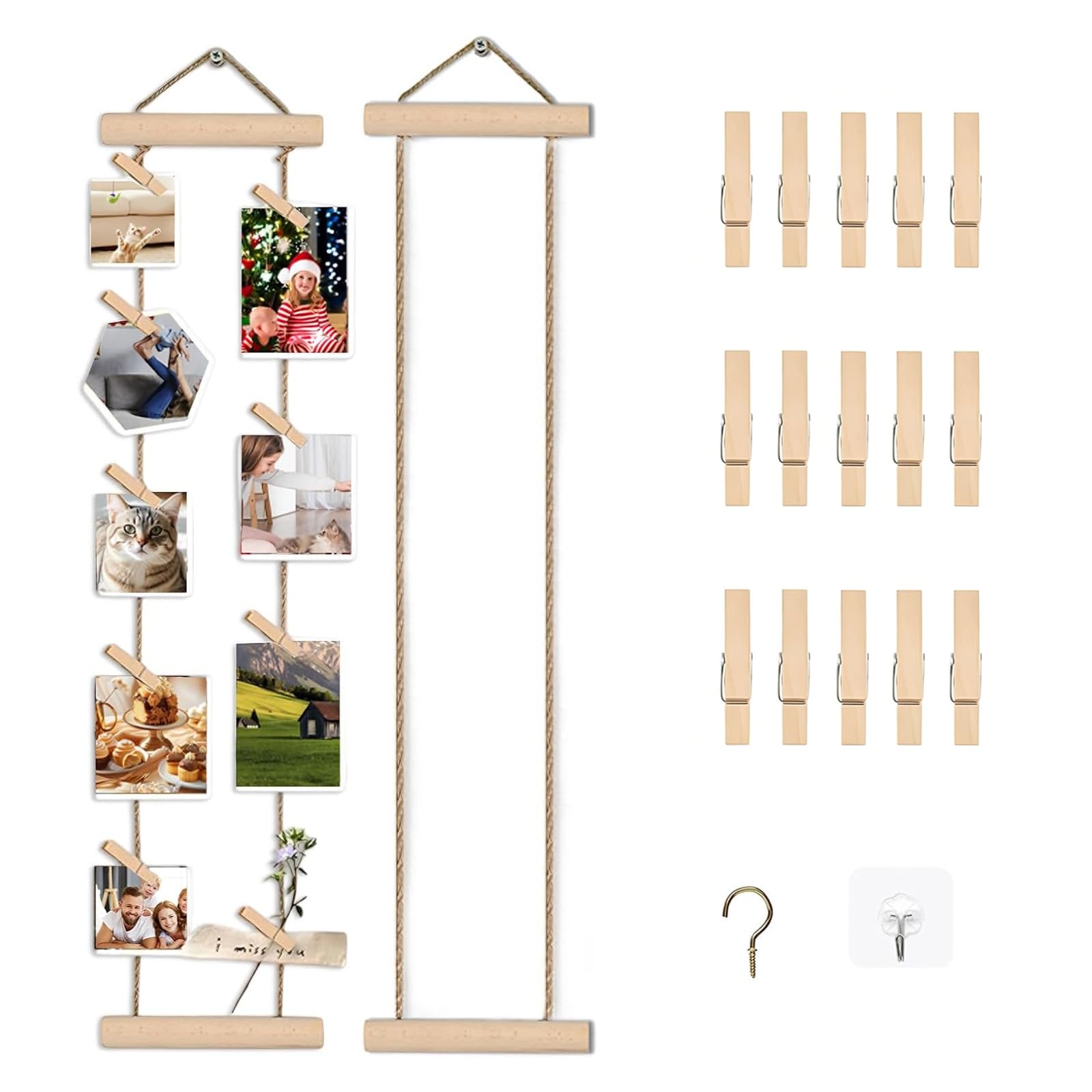 Wismont 2 PCS Hanging Photo Display Board, Wooden Photo String with Clips, Wall Card Hanger for DIY Home Bedroom Dorm Decor