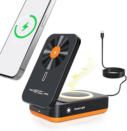 Cargador inalámbrico magnético 3 en 1 para iPhone, soporte de cargador plegable con altavoz Bluetooth y luz apta para dormir, estación de carga