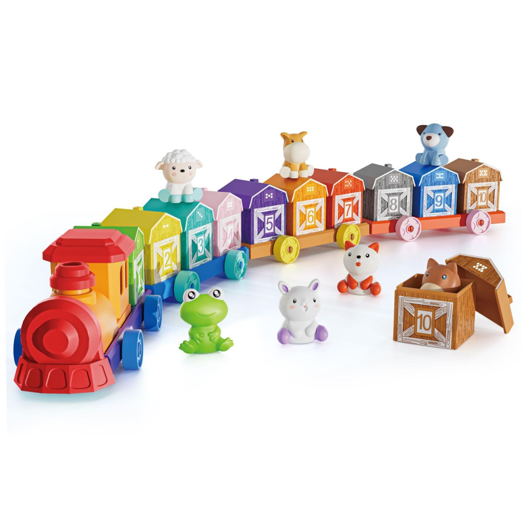 Set di treni per bambini piccoli, attività di conteggio, abbinamento e ordinamento, giocattolo per trenini per bambini piccoli con animali da fattoria, marionette da dito, giocattoli Montessori p