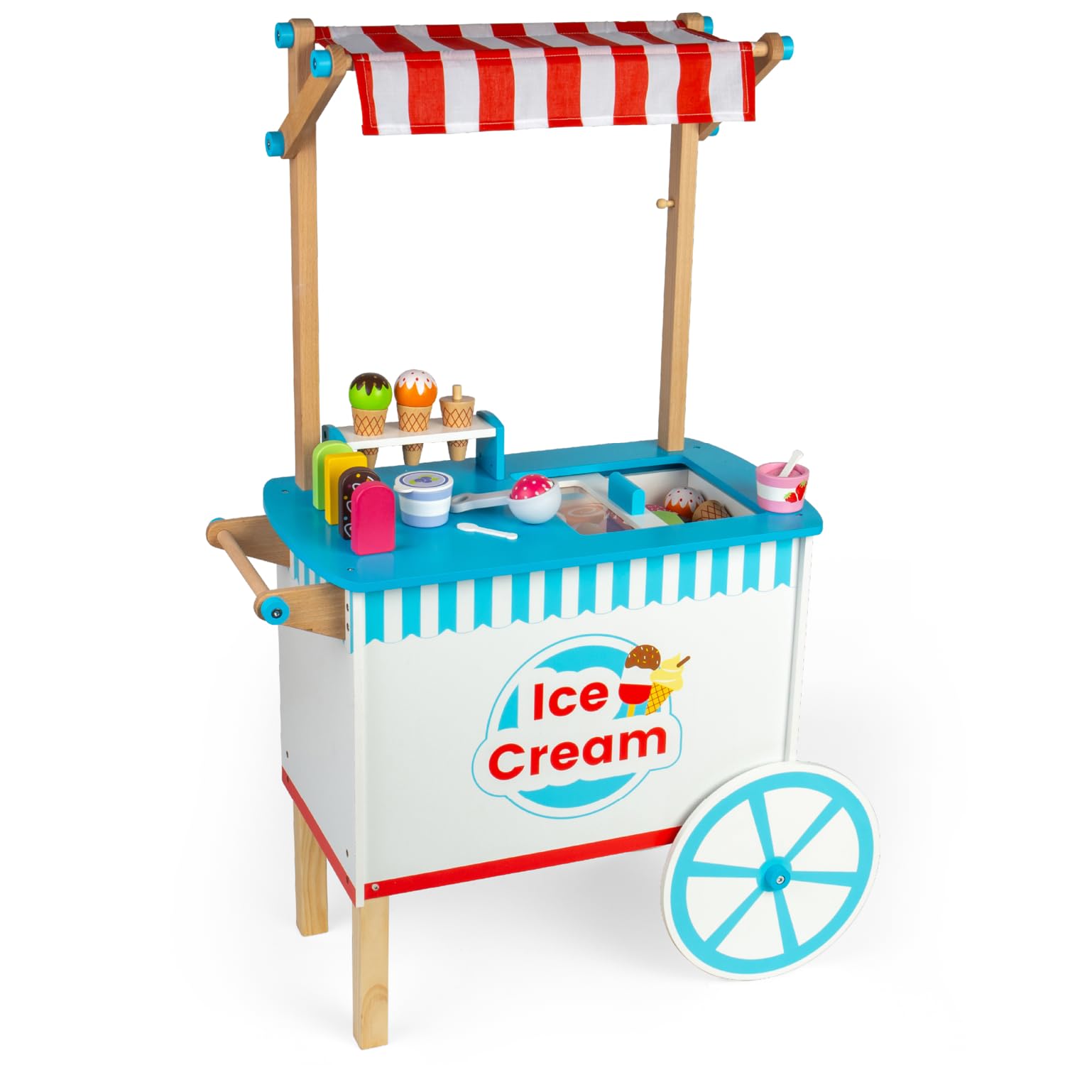 Bigjigs Toys Wooden Ice Cream Cart Toy - 18x Pieces of Ice Cream & Ice Lolly Toy Food with Spoons & Ice Cream Scoop, Quality Kids Ice Cream Cart