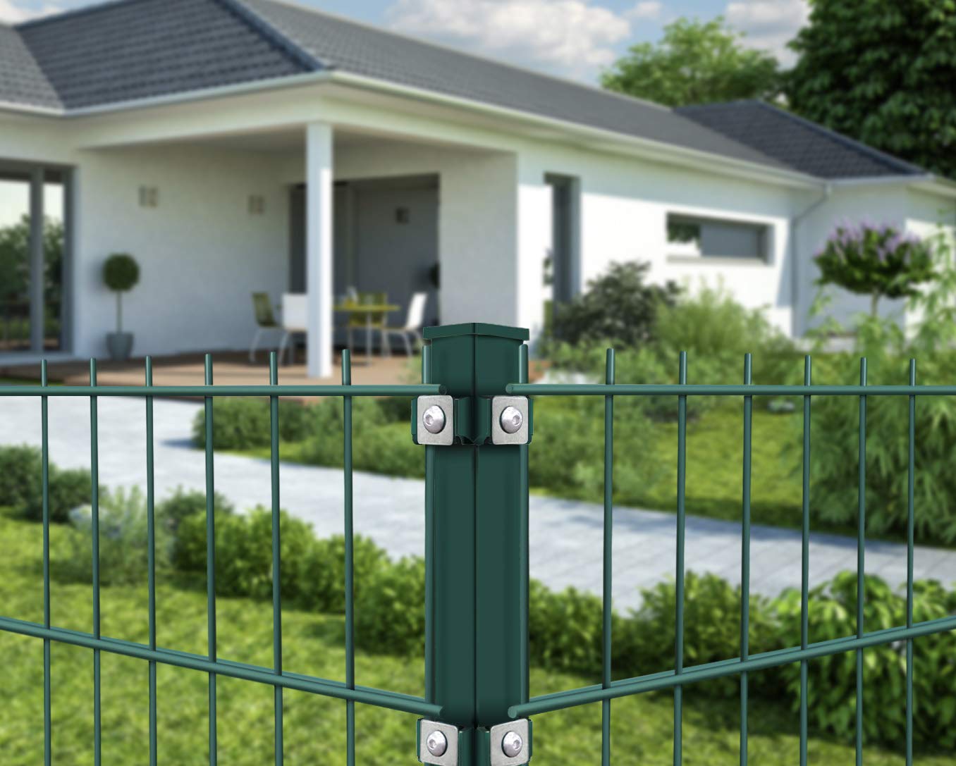 Koll Living 4X Eckpfosten, 40x40x2000 mm, grün - Eckpfosten für EIN- & Doppelstabmatten - inkl. Befestigung - Zaunhöhe: 140-143 cm - und Abdeckkappen - verzinkter Stahl mit Pulverbeschichtung