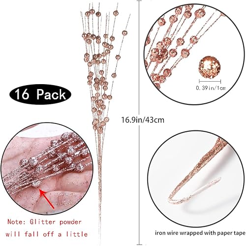 Miniatura 3 de WEISPARK Adornos de Navidad de tallo de bayas artificiales con purpurina, paquete de 16 palitos decorativos de cuentas con ramas brillantes para