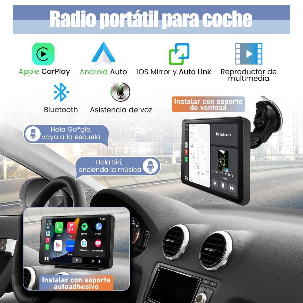 AWESAFE Reproductor de CarPlay/Android Auto/iOS Mirror/Auto Link(Mirror Link), Radio Portátil con Pantalla para Coche, Admite Bluetooth/Cámara Trasera/Siri y Otra Asistencia de Voz/USB/TF/AUX