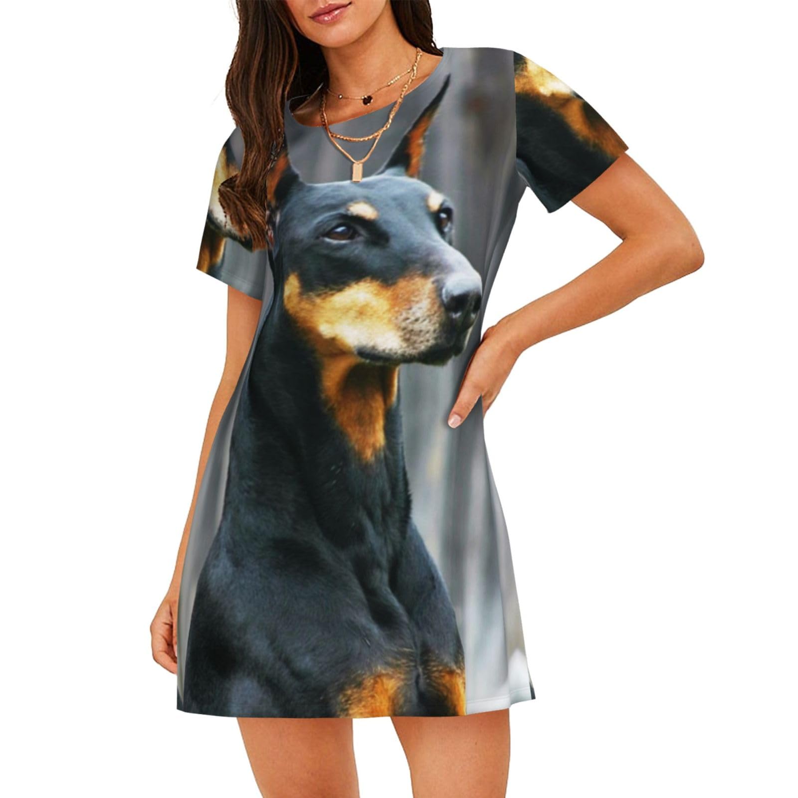 POCUK Doberman Women'S Short-Sleeved Nightdress Summer Family Walk Shopping Vacation Home Clothes Black