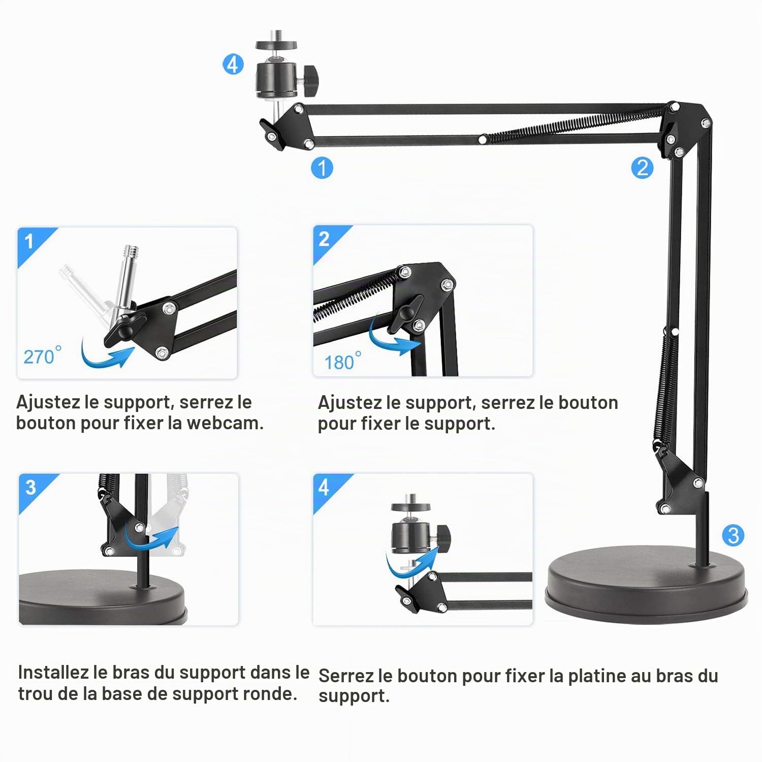 Support de Webcam, Support de Bras de 22 Pouces avec Base, Compatible avec la Webcam C925e C922x C922 C930e C930 C920 C615, Hero 8/7/6/5, Ultra/Pro/Pro 2 / Pro 3/Brio 4K
