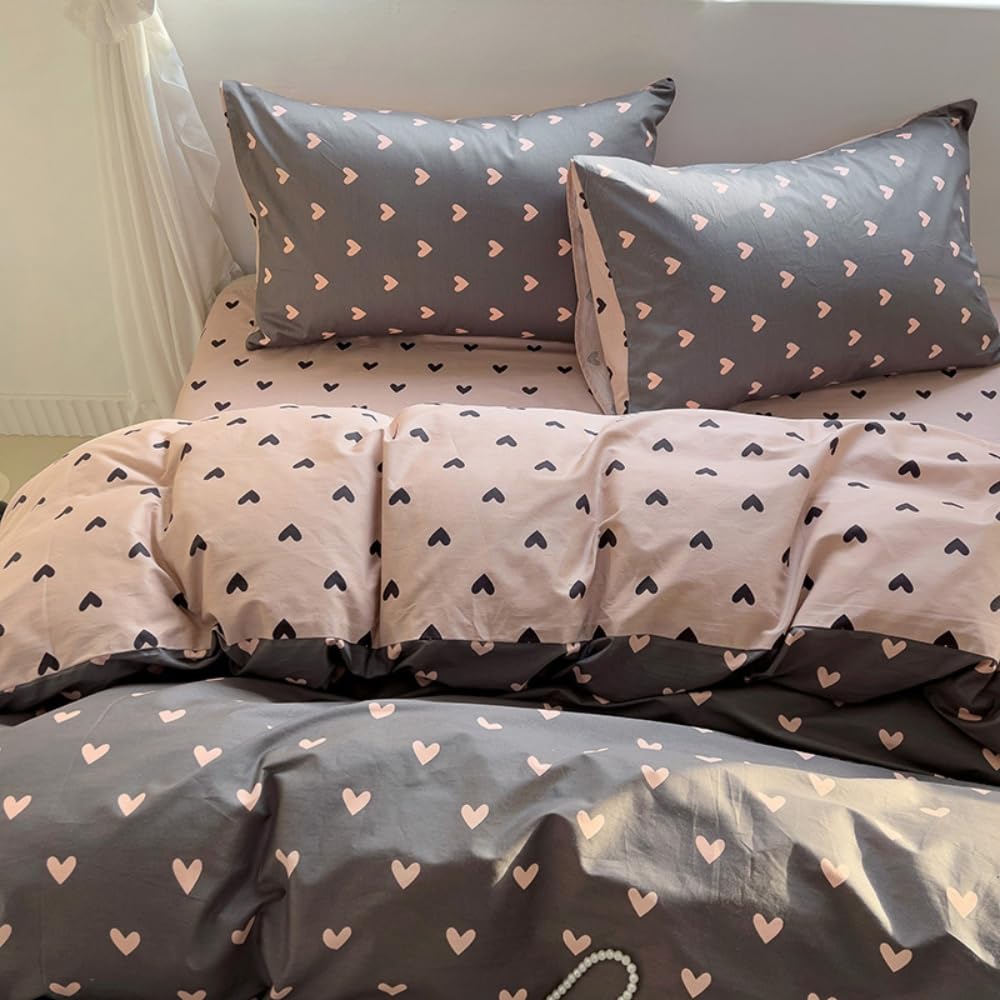 Michorinee Single Duvet Cover Set Pink and Black Heart Print Bedding Kawaii Style Reversible Girls Aesthetic Cute Renforce Microfibre Quilt Cover 135x200 cm with Zipper Closure Pillowcase 50x75 cm - Image 4