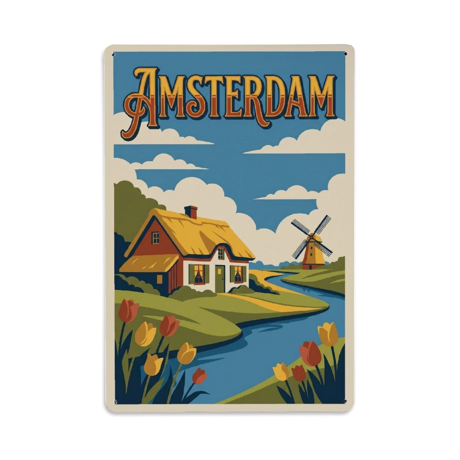 Vintage Travel Cottage Netherlands Countryside Metal Tin Sign Plaque Wall Decor for Cafe, Club Bar, Office, Home Garden Metal Poster 8x12Inch