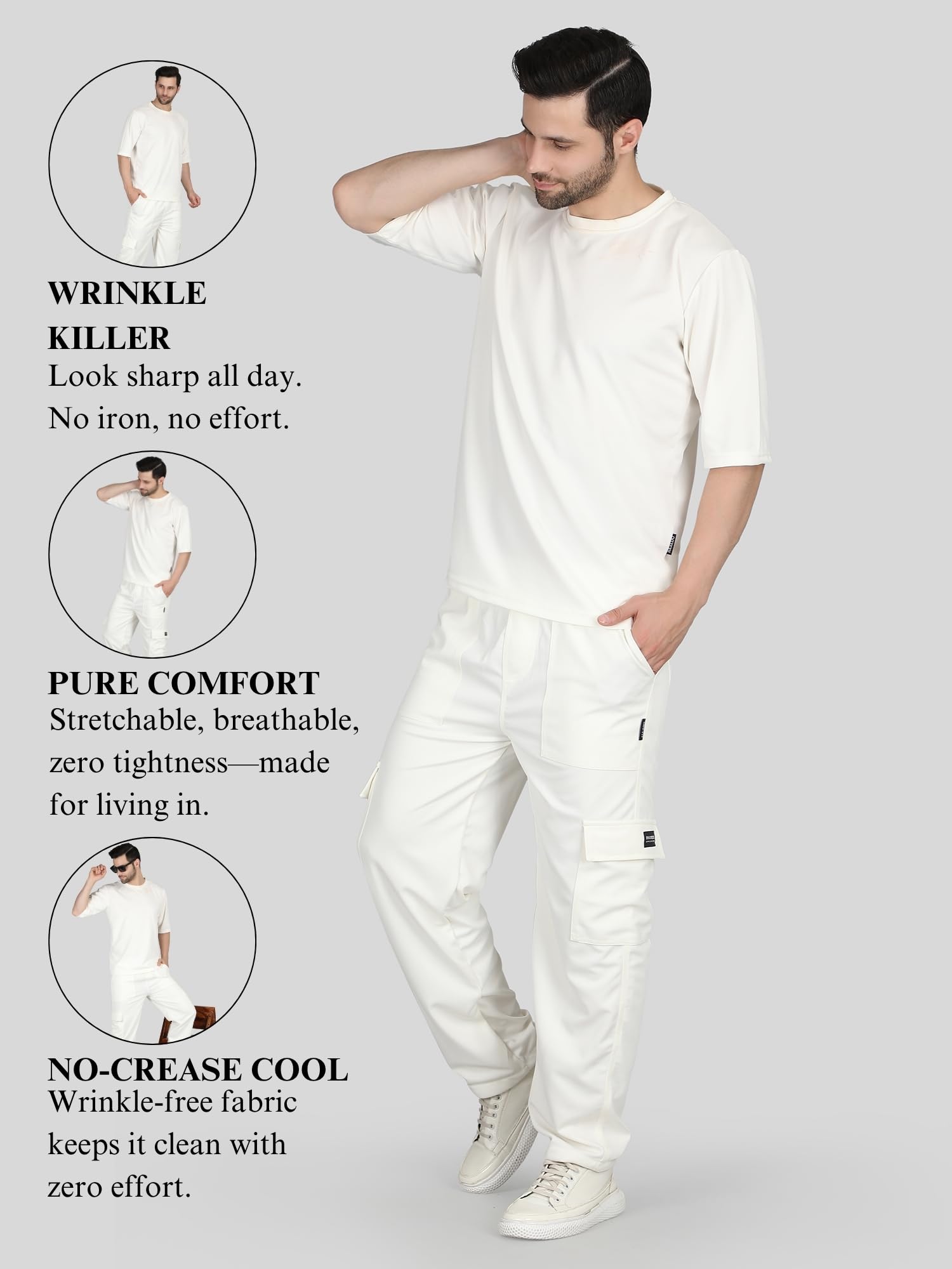 RAXEDO Men's Cargo Co-Ord Set | Men Co Ord Set | Track Suit for Men Summer β Stylish, Breathable & Comfortable Outfit for Casual, Travel & Everyday Wear (IN, Alpha, S, Off-White) 2