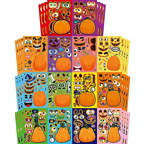 56 Sheets Halloween Pumpkin Make a Face Stickers for Kids - 14 Different Pumpkin Designs - Fun Halloween Party Favors Crafts Games & Activities Supplies